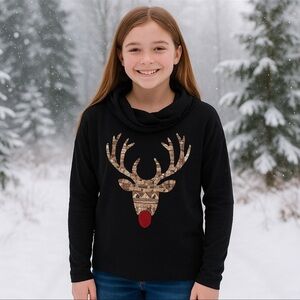 Christmas Rudolph Cowl Neck Sweater Girls Size Lg- 11-13 Black Rosegold …